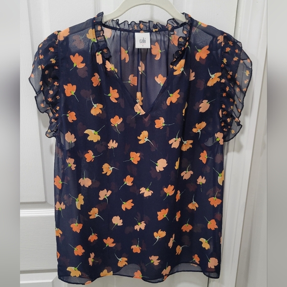 CAbi Poppy Print Flutter Sleeve Sheer Blouse - Picture 1 of 3